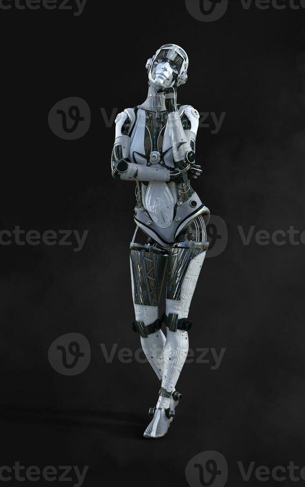 3d Illustration of A woman AI cyborg pose on black background with clipping path. AI project. photo