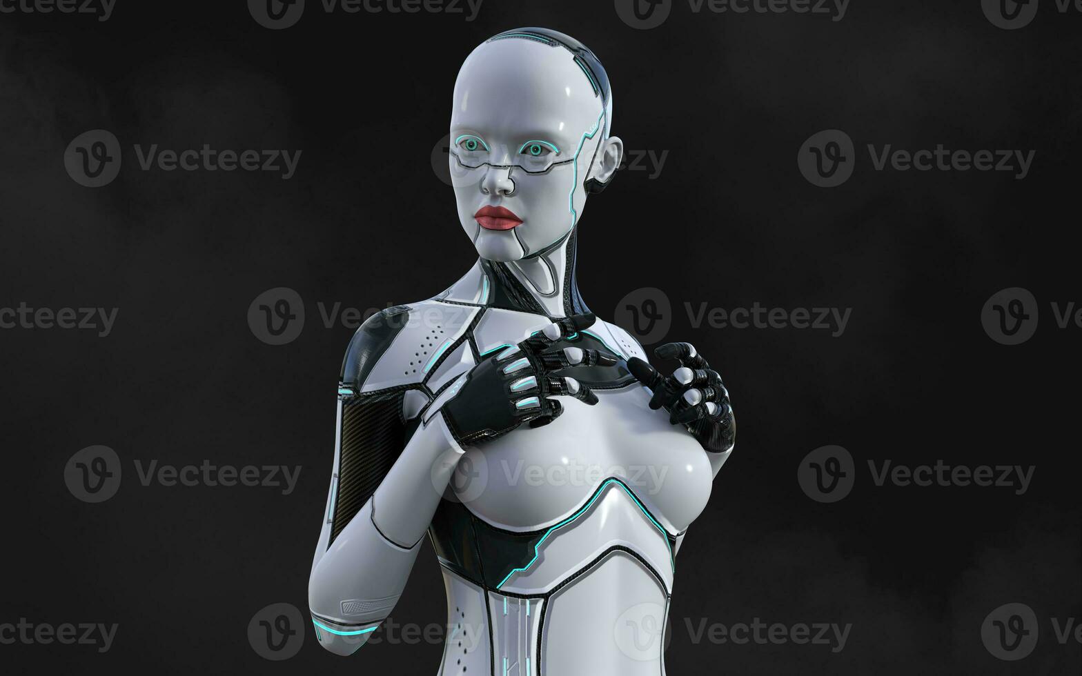 3d illustration of A woman AI cyborg pose on black background with clipping path. AI project. photo