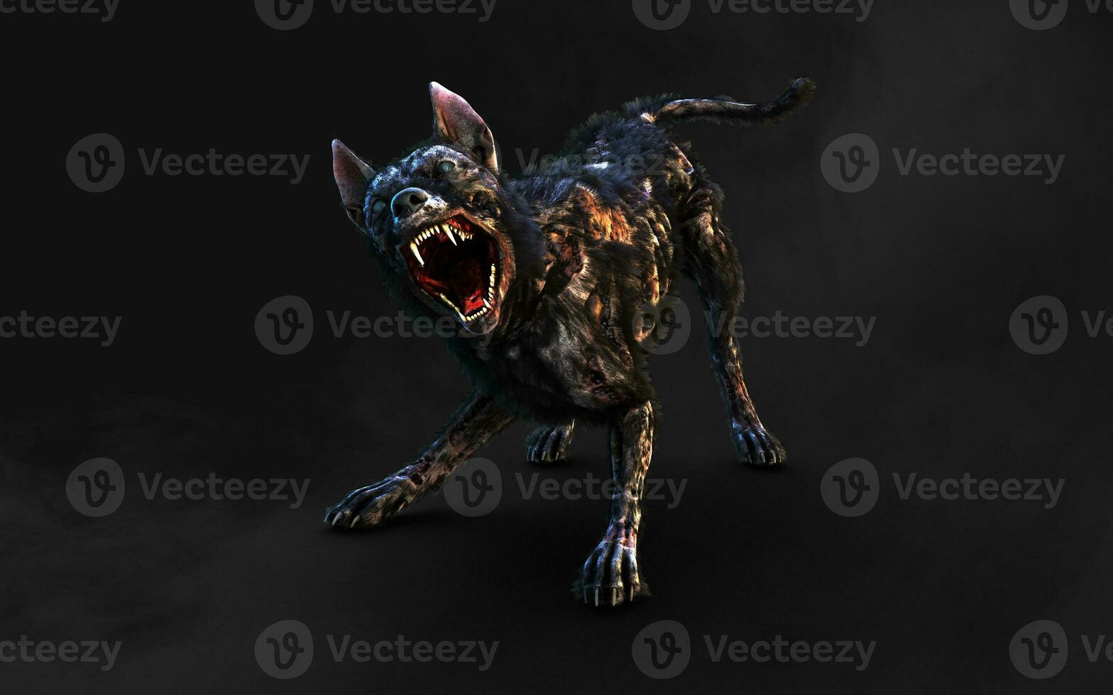 3d illustration of undead Zombie dog with clipping path. Dangerous revived animal with creepy expression on dark background. photo
