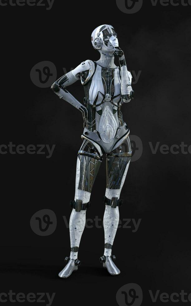 3d Illustration of A woman AI cyborg pose on black background with clipping path. AI project. photo