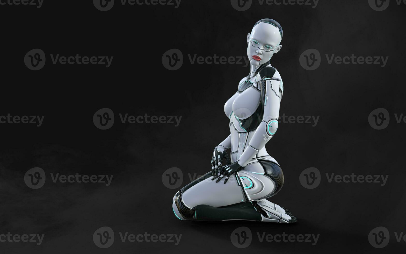 3d illustration of A woman AI cyborg pose on black background with clipping path. AI project. photo