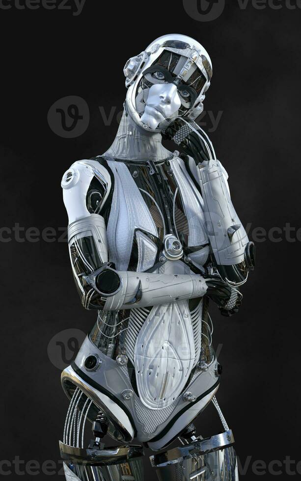 3d Illustration of A woman AI cyborg pose on black background with clipping path. AI project. photo