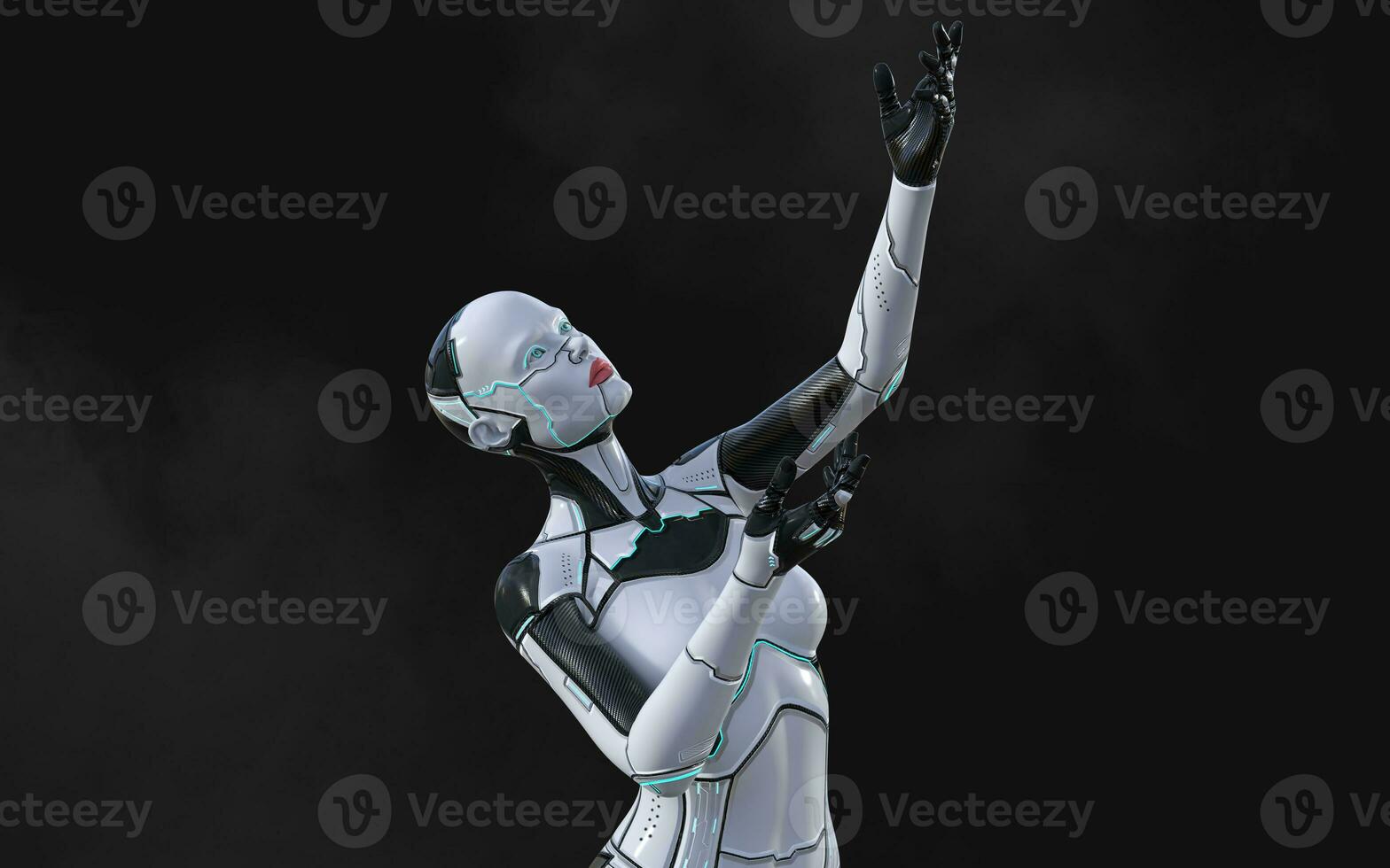 3d illustration of A woman AI cyborg pose on black background with clipping path. AI project. photo