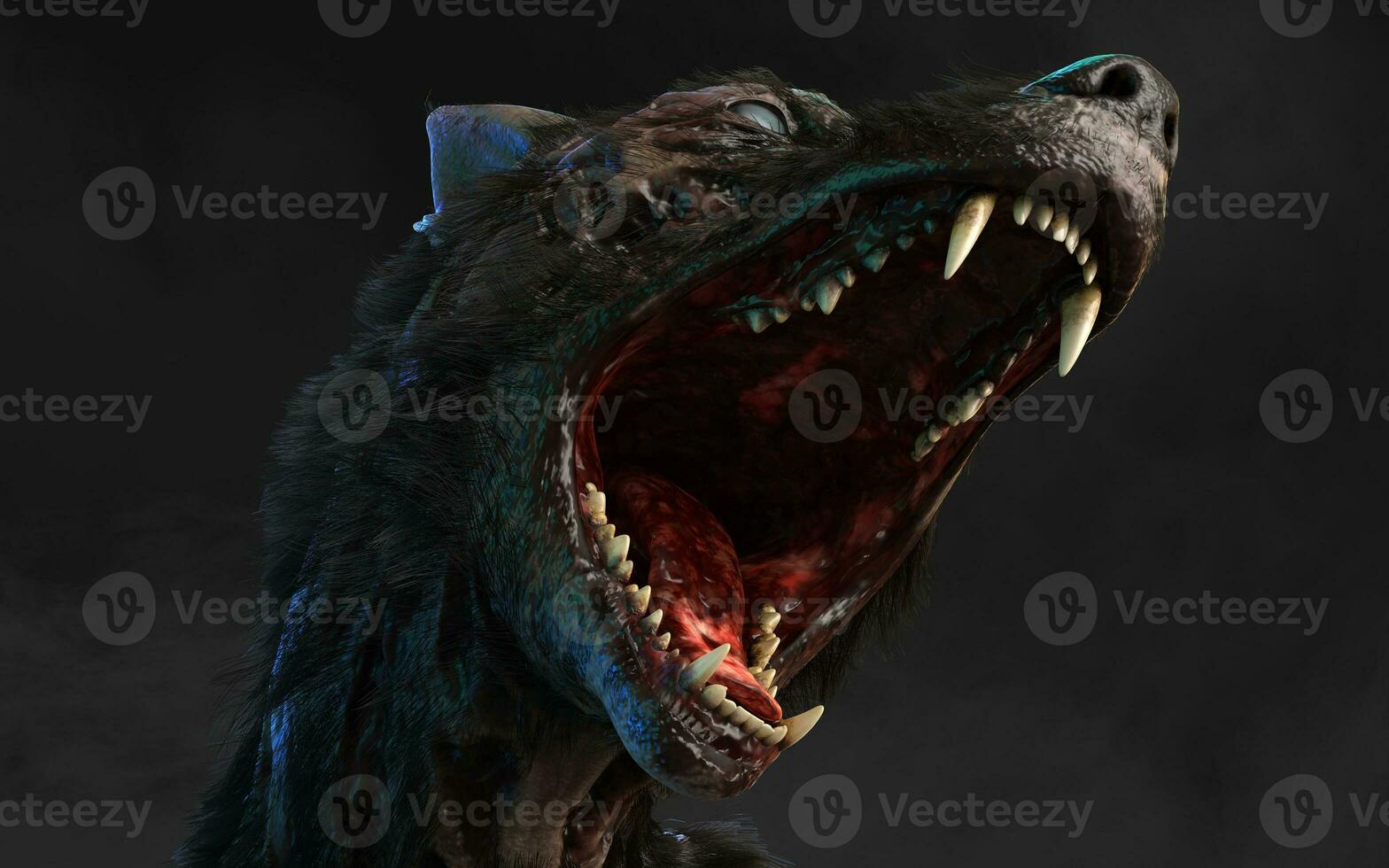 3d illustration of undead Zombie dog with clipping path. Dangerous revived animal with creepy expression on dark background. photo