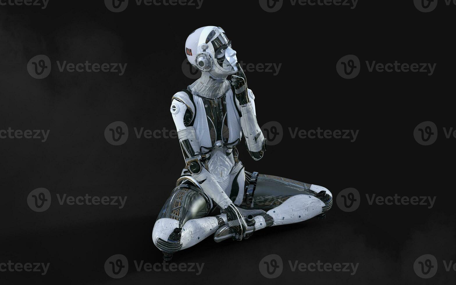 3d Illustration of A woman AI cyborg pose on black background with clipping path. AI project. photo