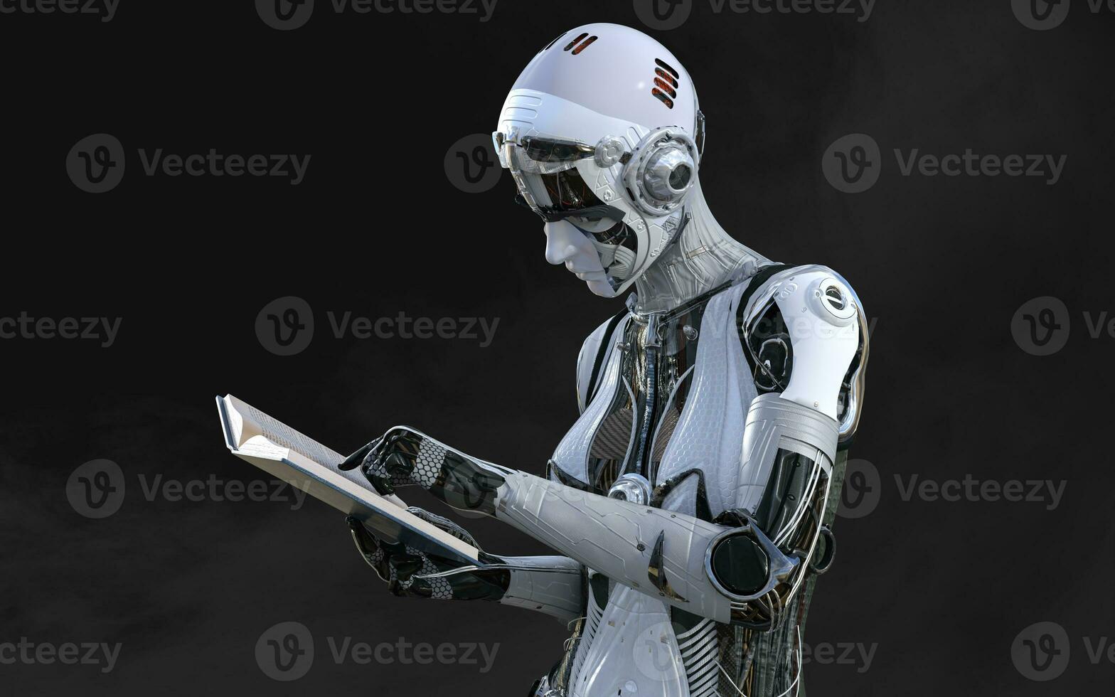 3d Illustration of A woman AI cyborg pose on black background with clipping path. AI project. photo