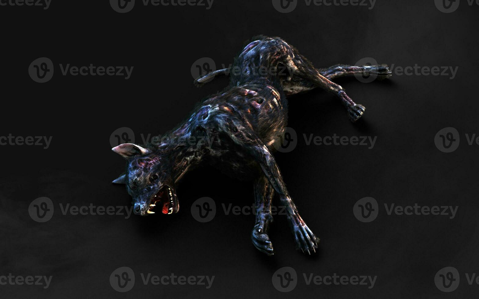 3d illustration of undead Zombie dog with clipping path. Dangerous revived animal with creepy expression on dark background. photo