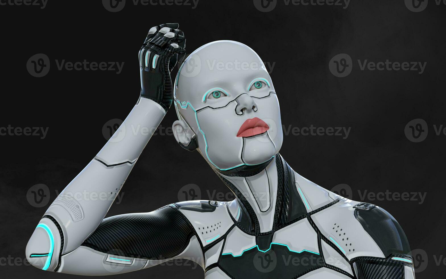 3d illustration of A woman AI cyborg pose on black background with clipping path. AI project. photo