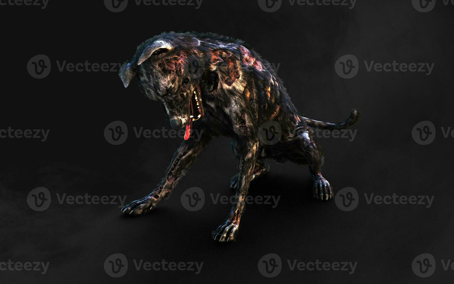 3d illustration of undead Zombie dog with clipping path. Dangerous revived animal with creepy expression on dark background. photo