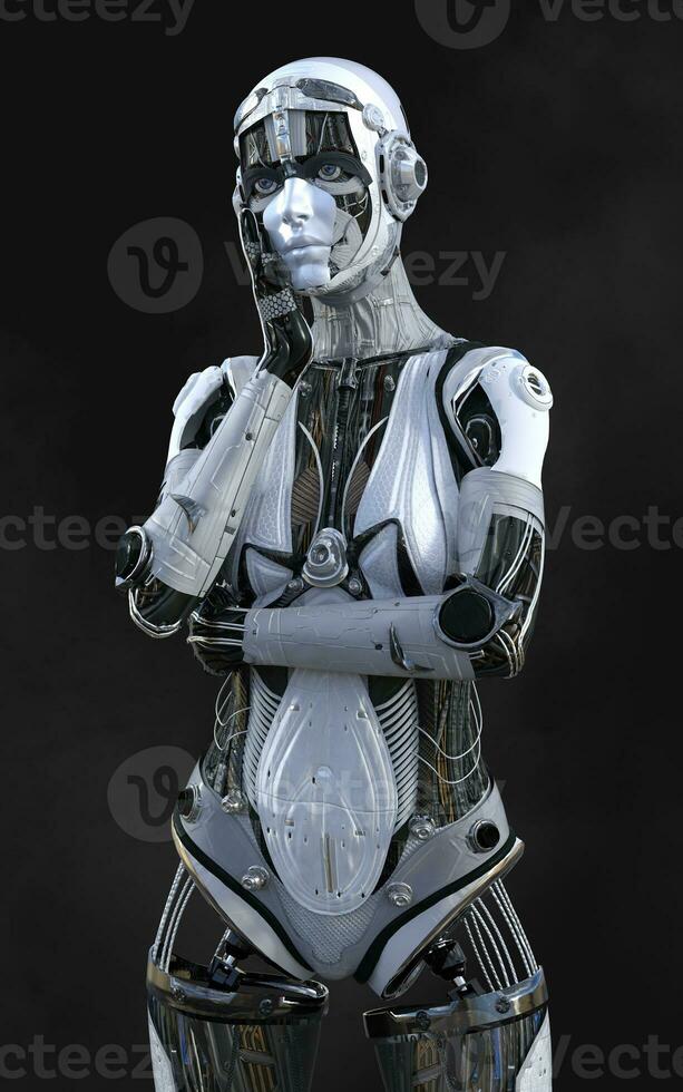 3d Illustration of A woman AI cyborg pose on black background with clipping path. AI project. photo