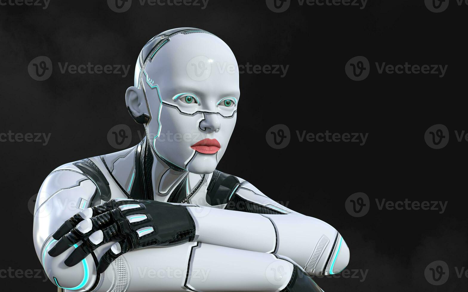 3d illustration of A woman AI cyborg pose on black background with clipping path. AI project. photo