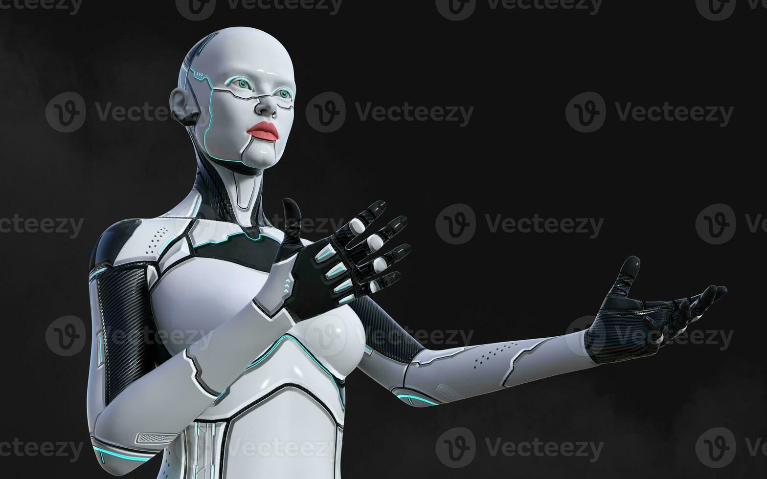 3d illustration of A woman AI cyborg pose on black background with clipping path. AI project. photo