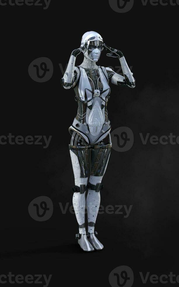 3d Illustration of A woman AI cyborg pose on black background with clipping path. AI project. photo