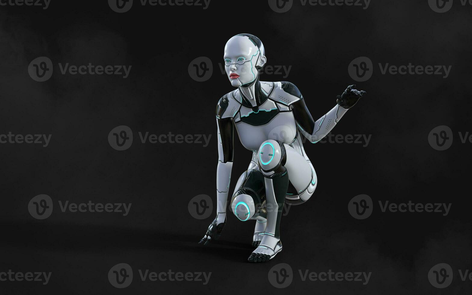3d illustration of A woman AI cyborg pose on black background with clipping path. AI project. photo