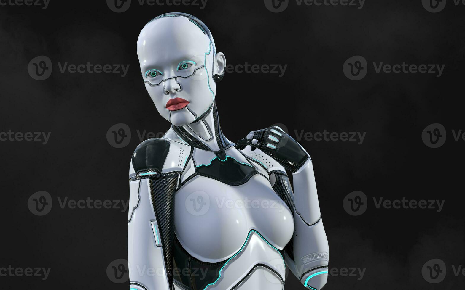3d illustration of A woman AI cyborg pose on black background with clipping path. AI project. photo