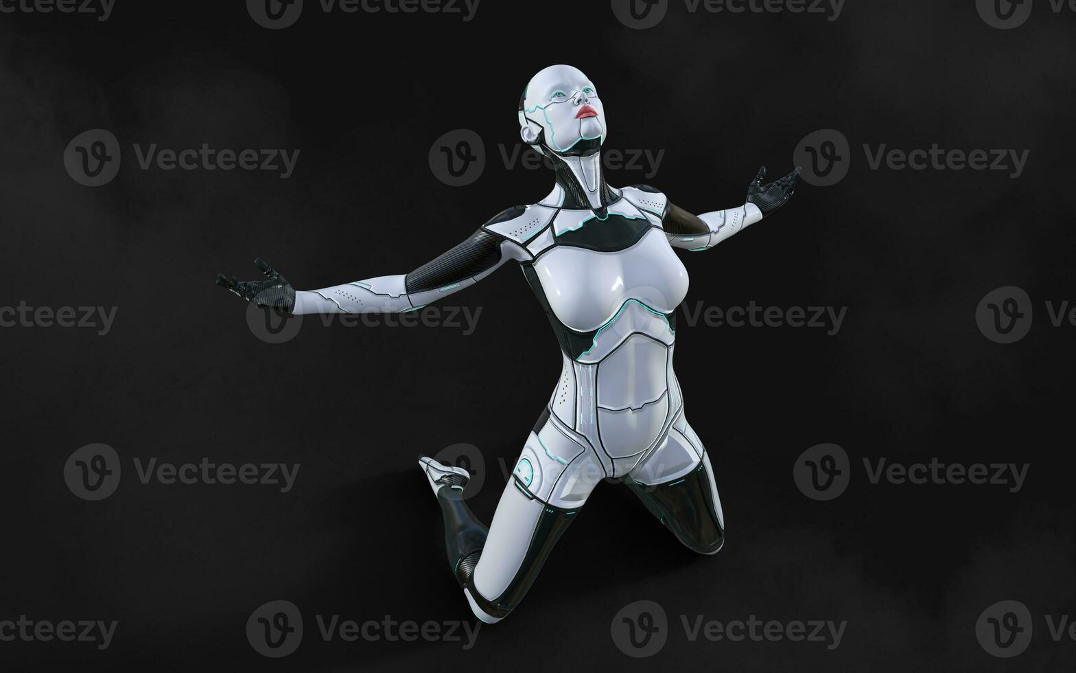 3d illustration of A woman AI cyborg pose on black background with clipping path. AI project. photo