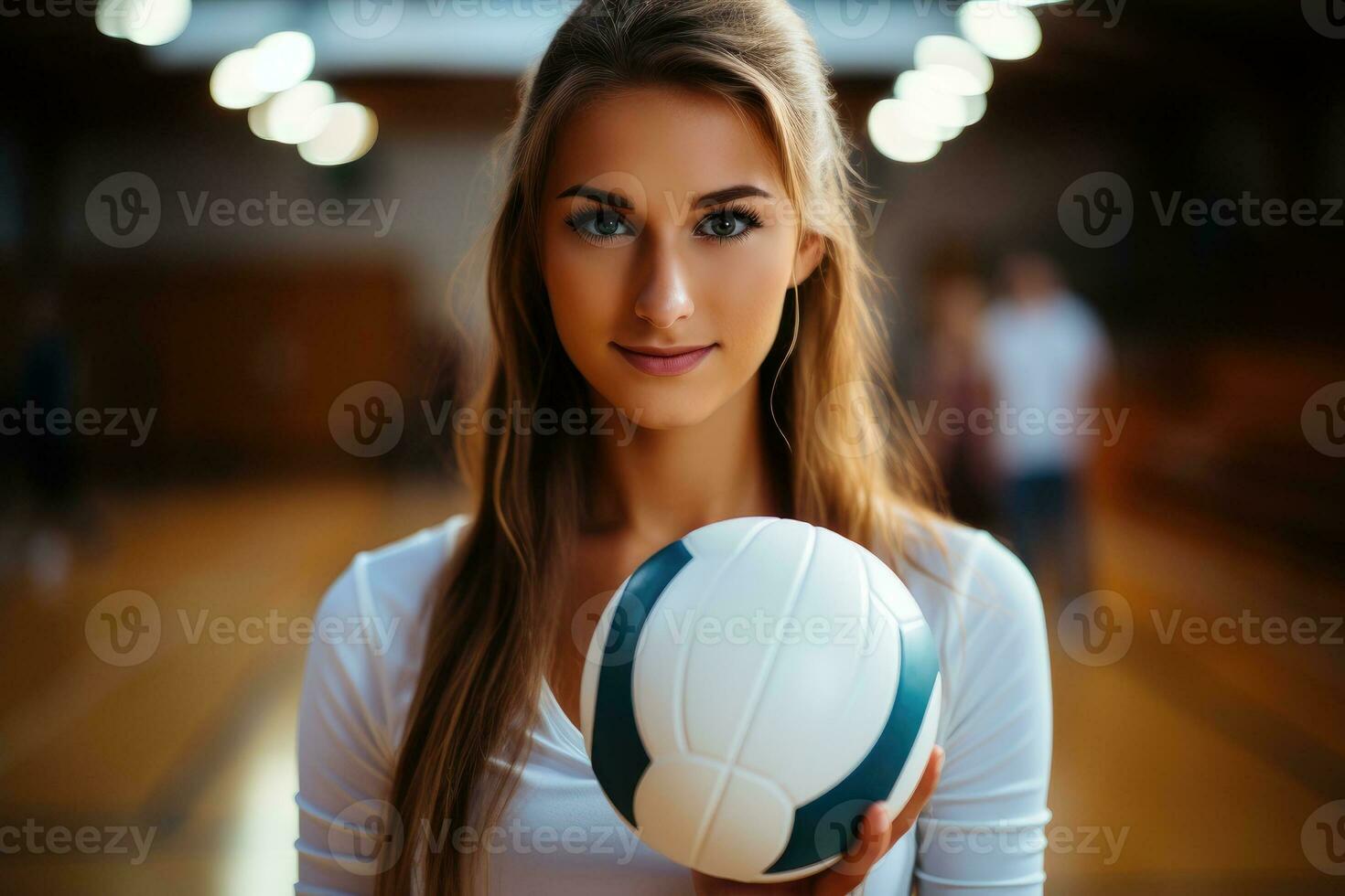 Volleyball ball in hands of a female player standing in gym. Generative AI photo