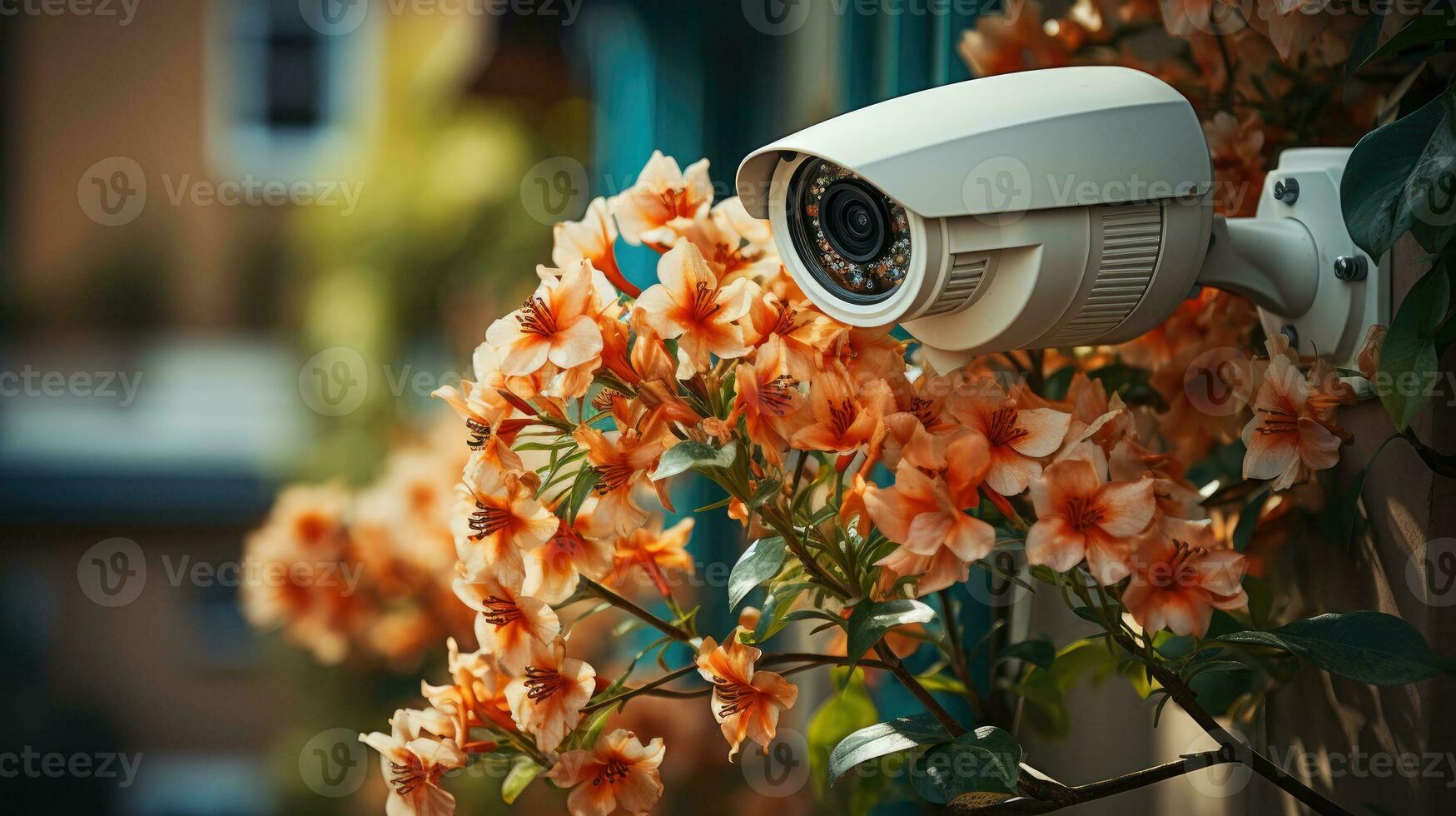 seguridad cámara en frente de casa con flores en el primer plano. foto