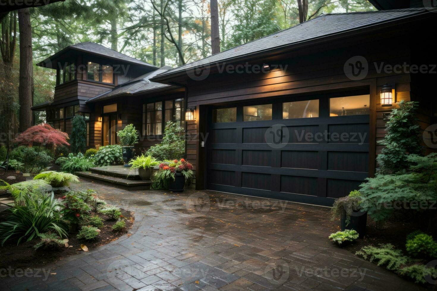 Garage door with a driveway in front. photo