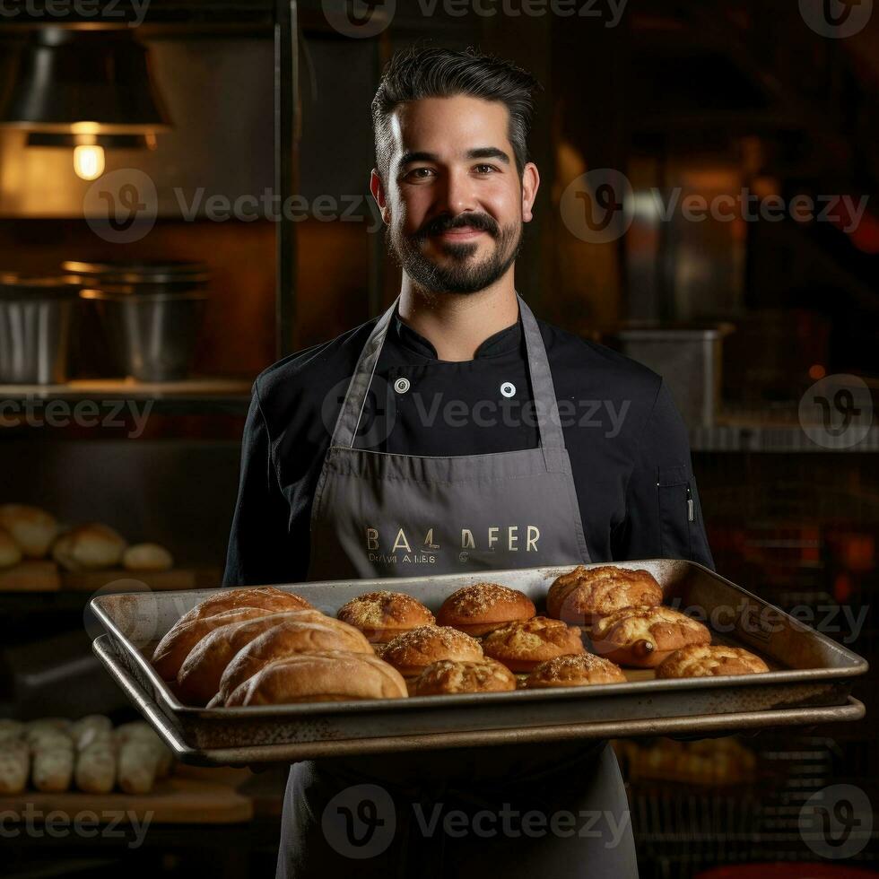 Baker holding a tray full of breads inside a bakery photo