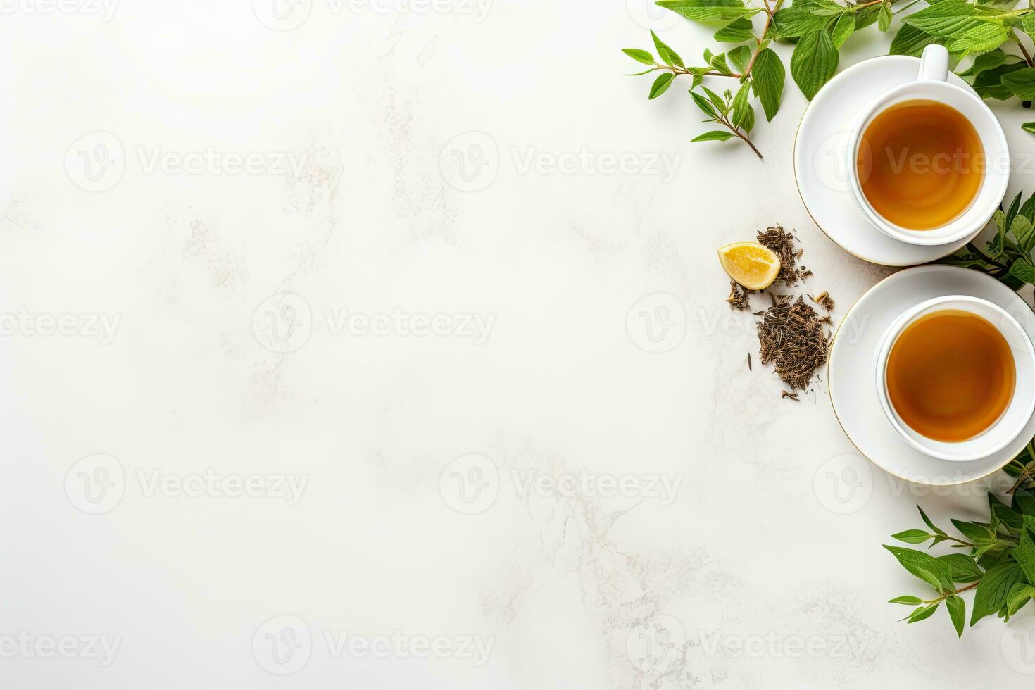 Green tea in a white teapot and cups on white background top view with copy space. Generative AI photo
