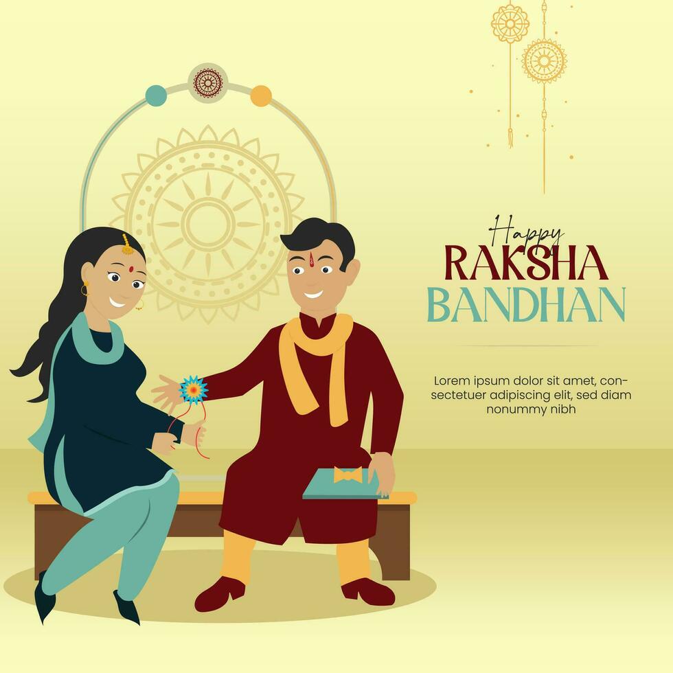 raksha Bandhan social medios de comunicación plantilla, rakhi bandera, hermano hermana personaje vector