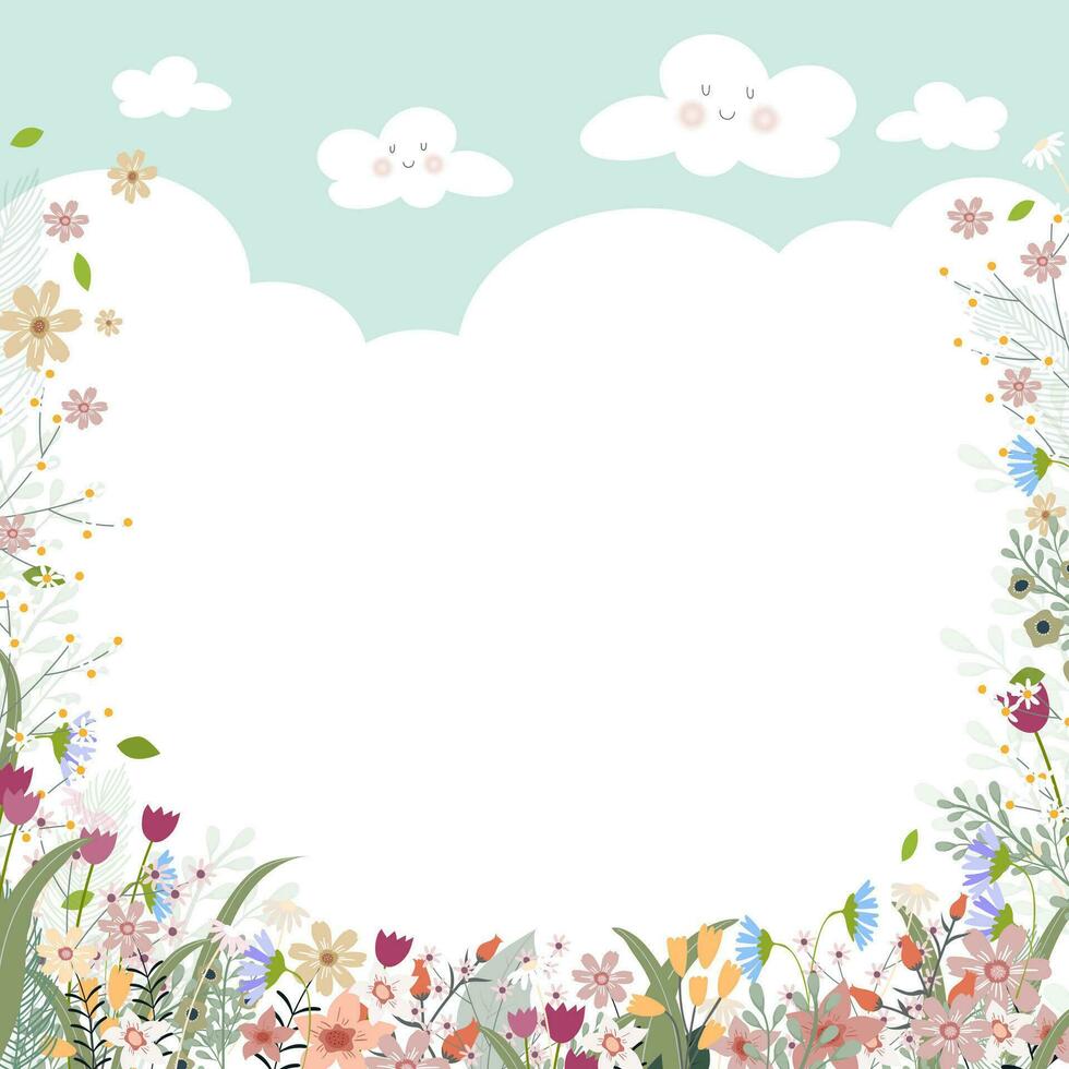 primavera antecedentes con linda flor frontera en azul cielo y blanco nube fondo, vector ilustración fondo de floreciente flora marco, vacaciones bandera para Semana Santa, primavera, verano promoción de venta