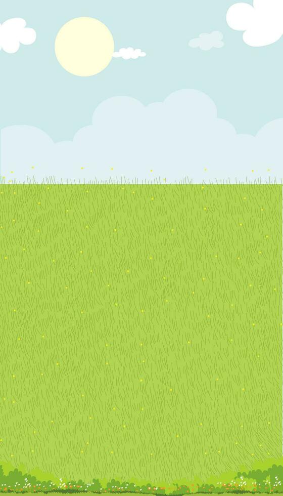 cielo azul con nube fondo primavera paisaje con verde césped campo vertical naturaleza verano rural con Copiar espacio, lindo dibujos animados vector ilustración fondo bandera para Pascua de Resurrección