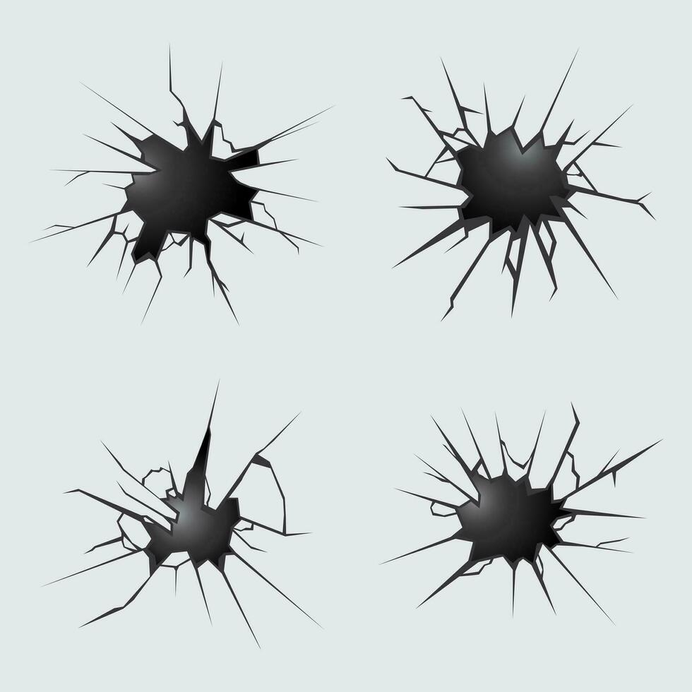 collection of holes in the wall, crack effect, shattered wall, broken glass, vector illustration