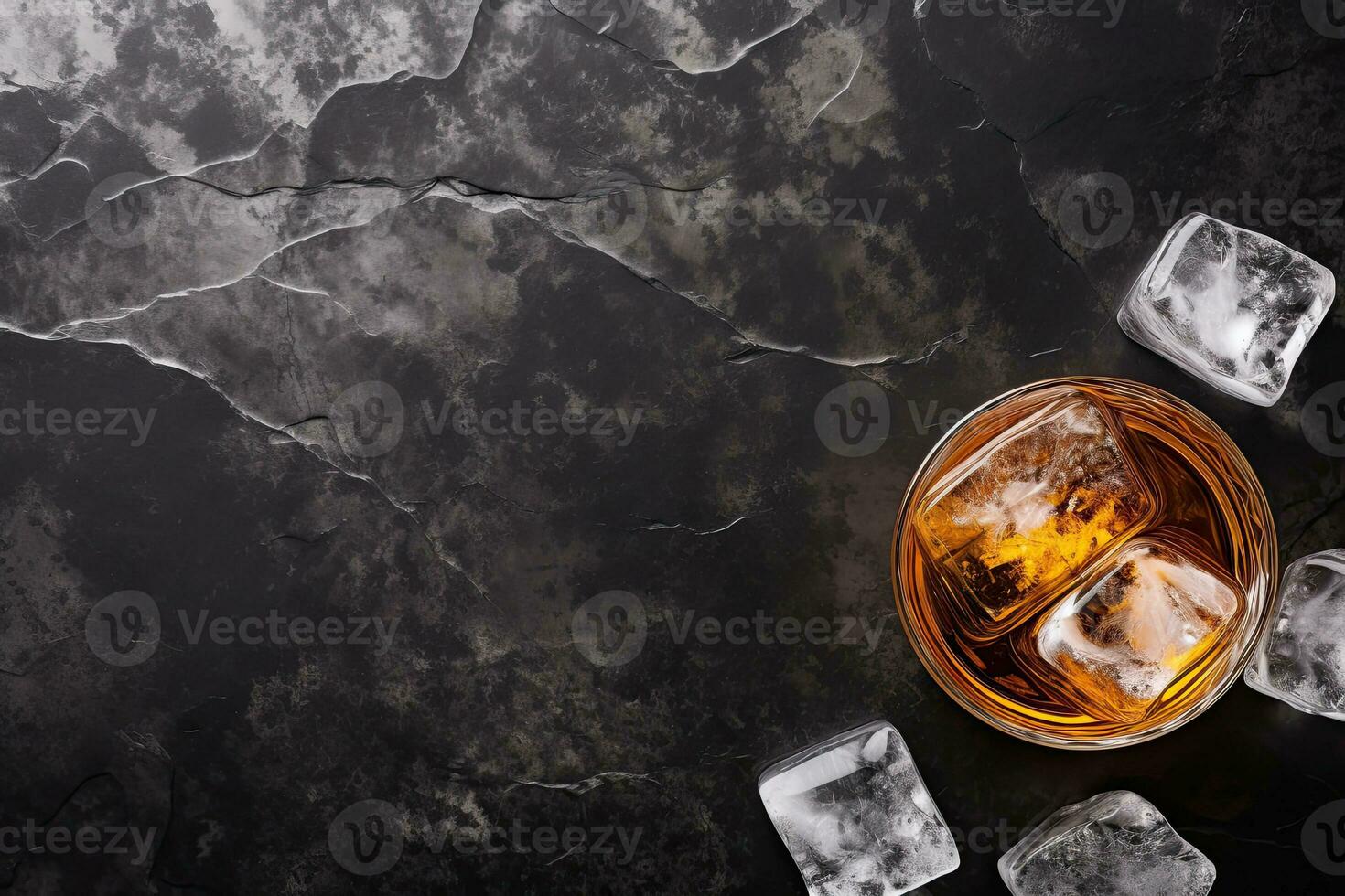 Whiskey with ice cubes on black marble background, top view.  Generative AI photo