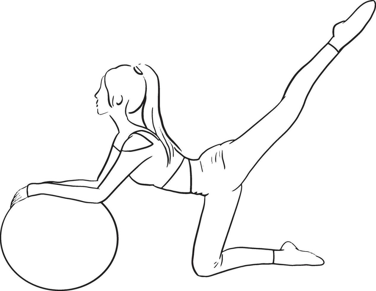 Pilates training concept vector illustration. Woman practicing Pilates with ball.
