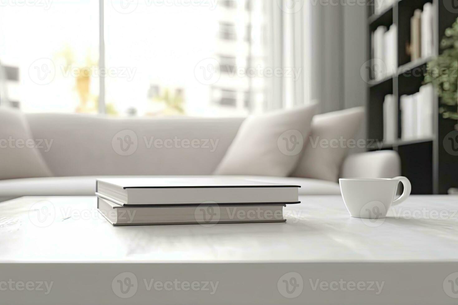 Close - up Modern white table top with free space to edit your product display with books above the living room blurred in the background. Generative AI photo
