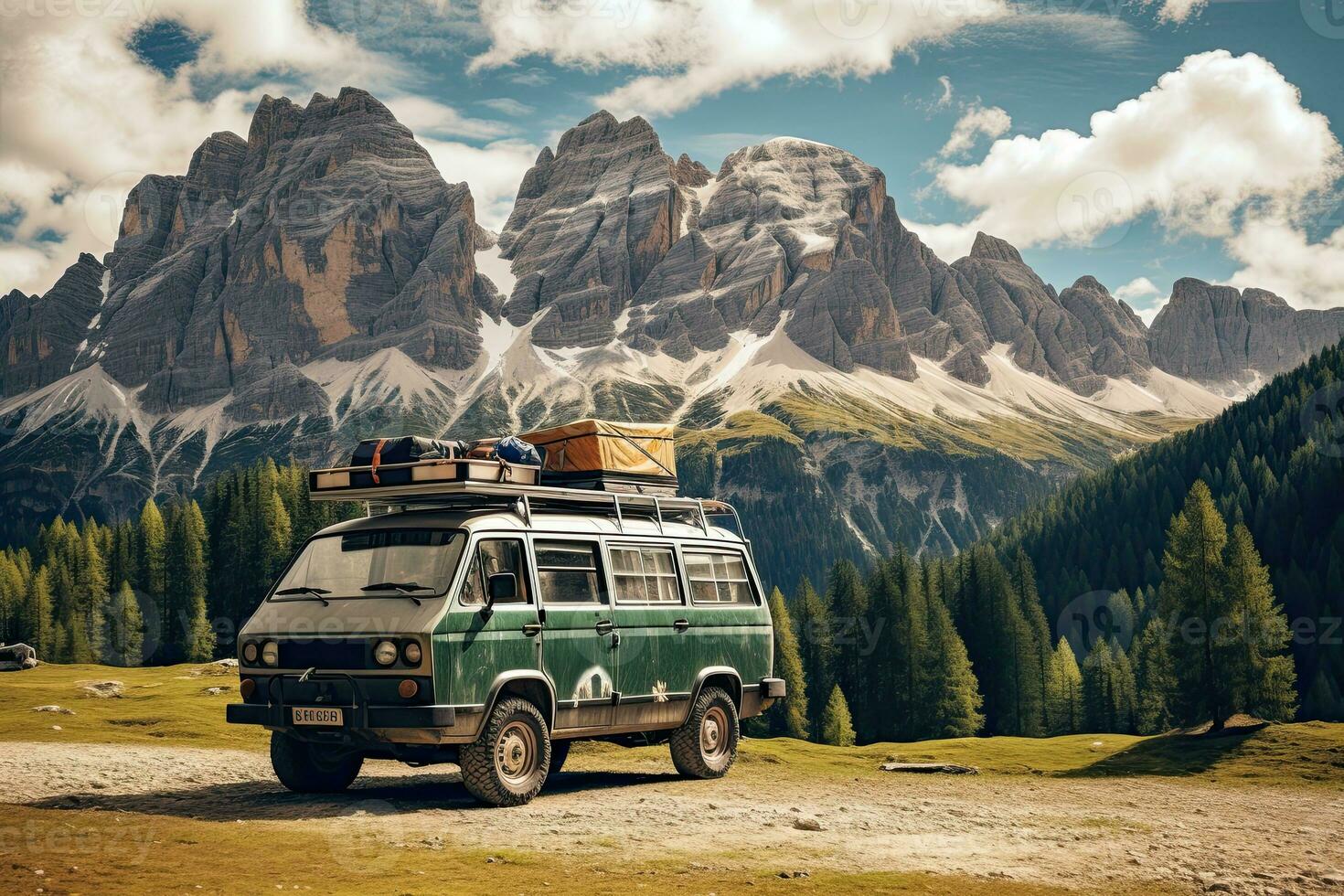 Camping in the mountains. Caravan car on the background of mountains. Generative AI photo