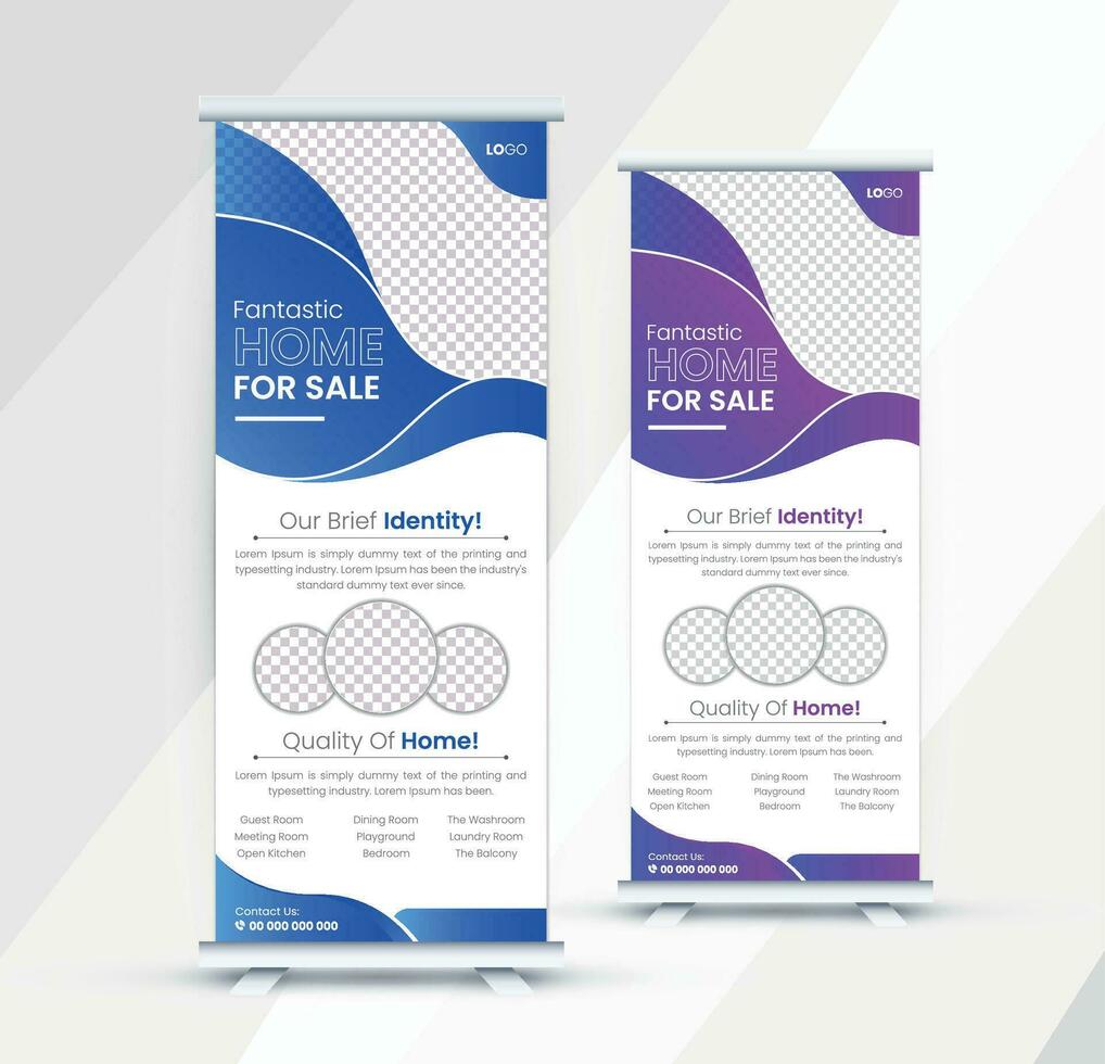 Pro Vector Modern minimal real estate Roll Up Banner Design Stand Template in multiple eye catching colors for real estate business.