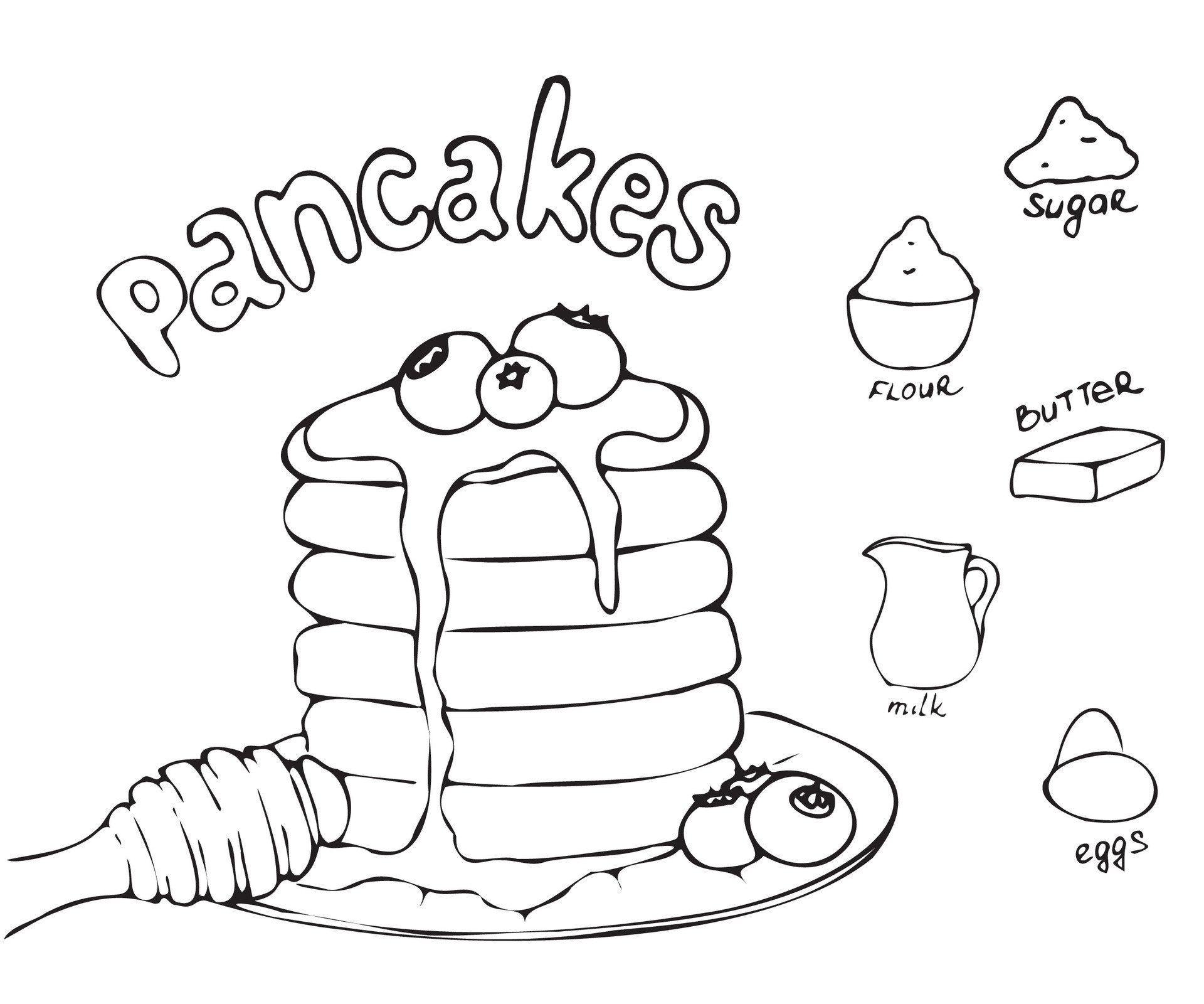 black and white doodle, cooking sketch, pancake recipe in pictures