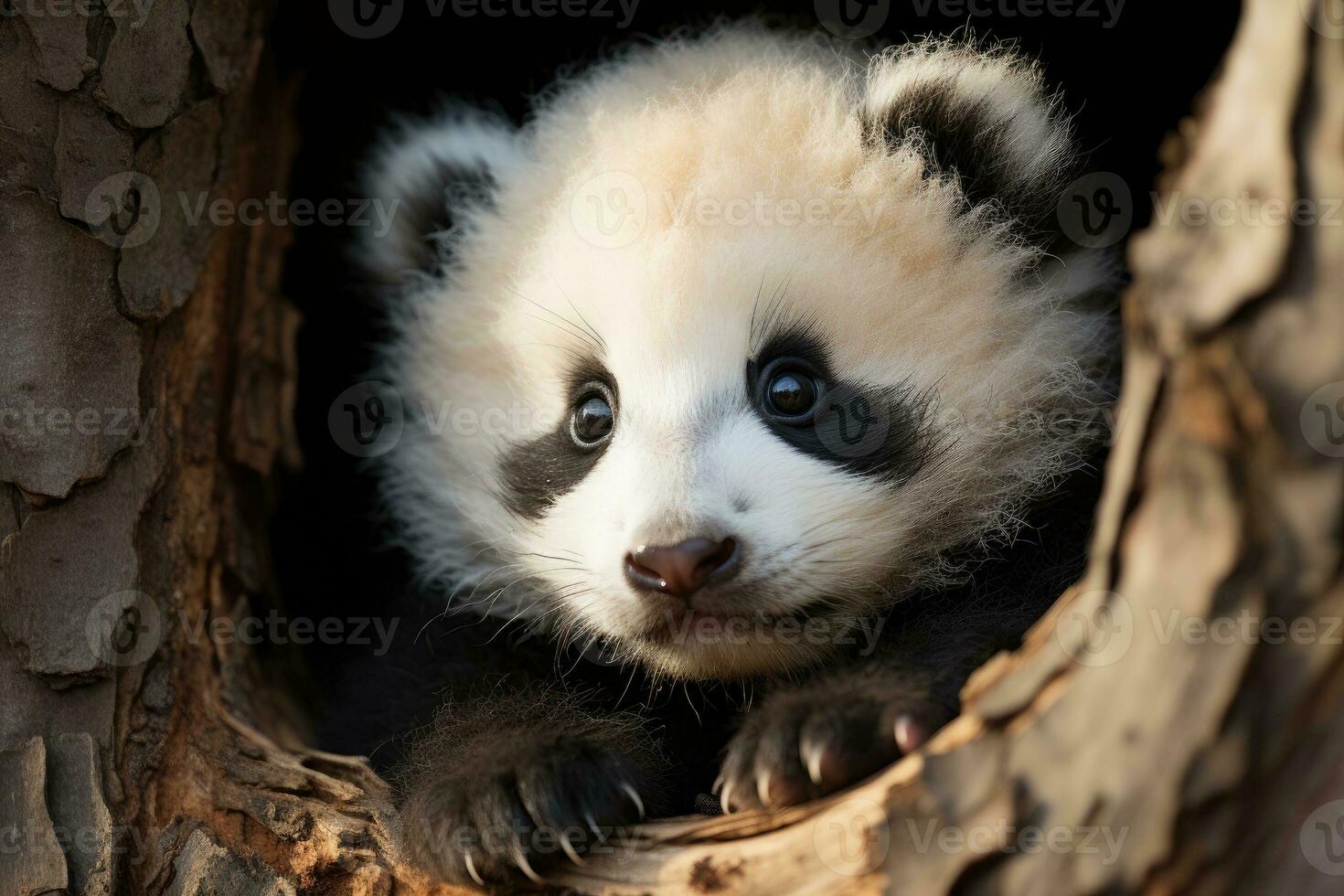 Giant panda cub next to a tree trunk photo