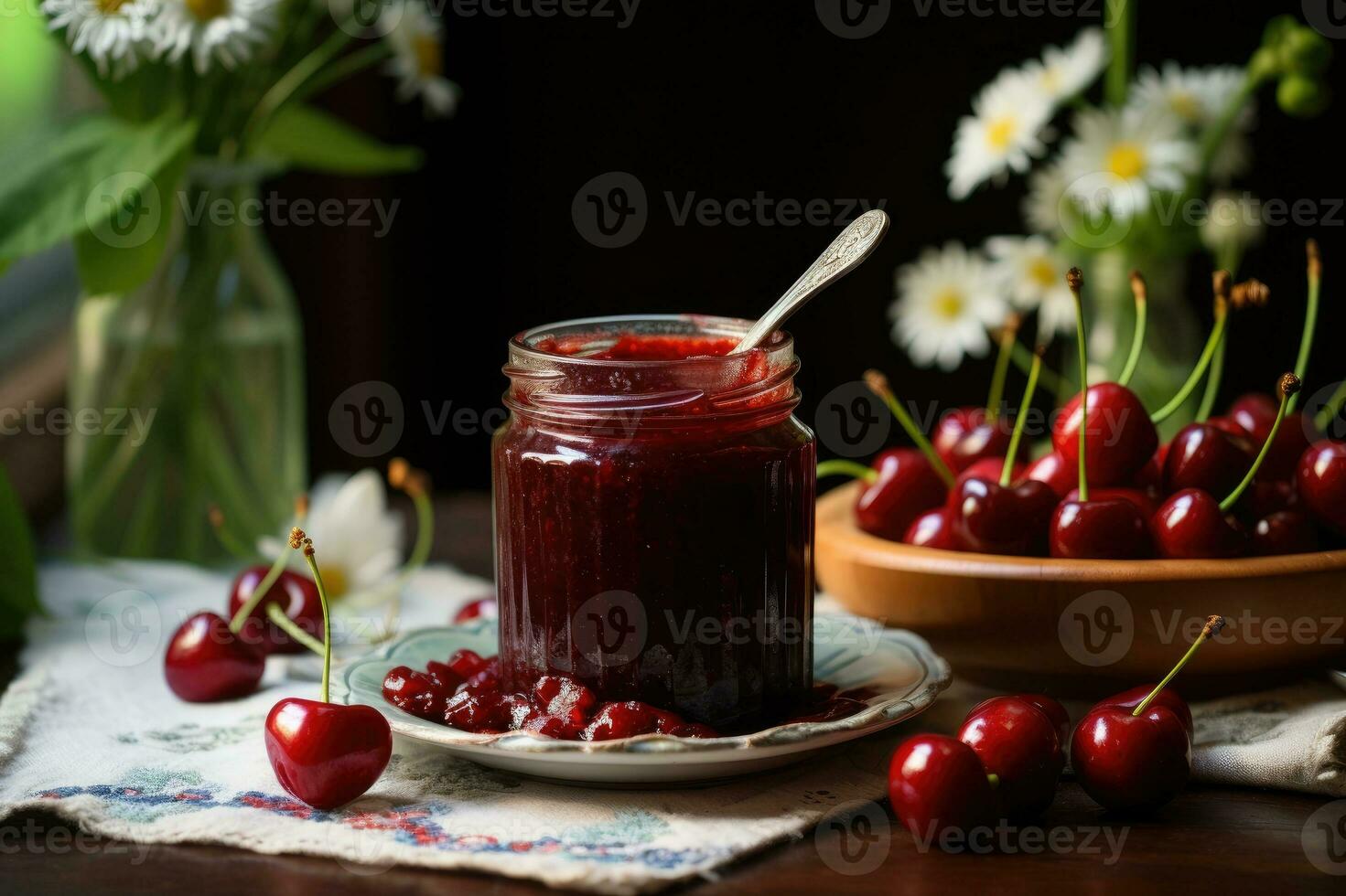 Cherry jam with fresh fruit. Generative AI photo