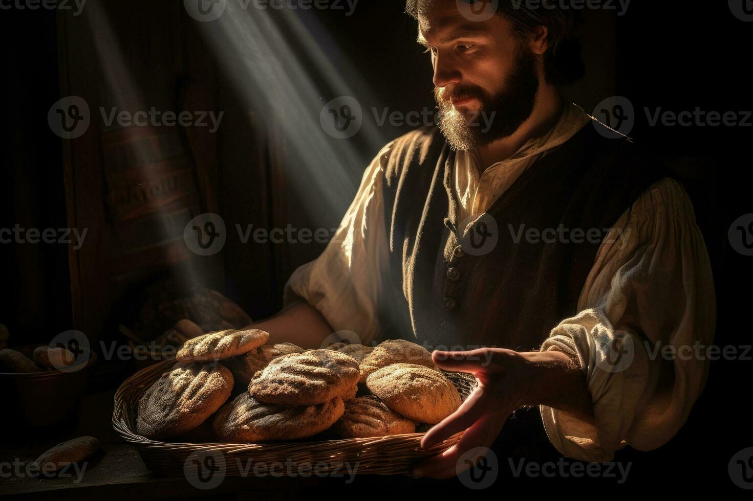 Baker holding a tray full of breads inside a bakery photo