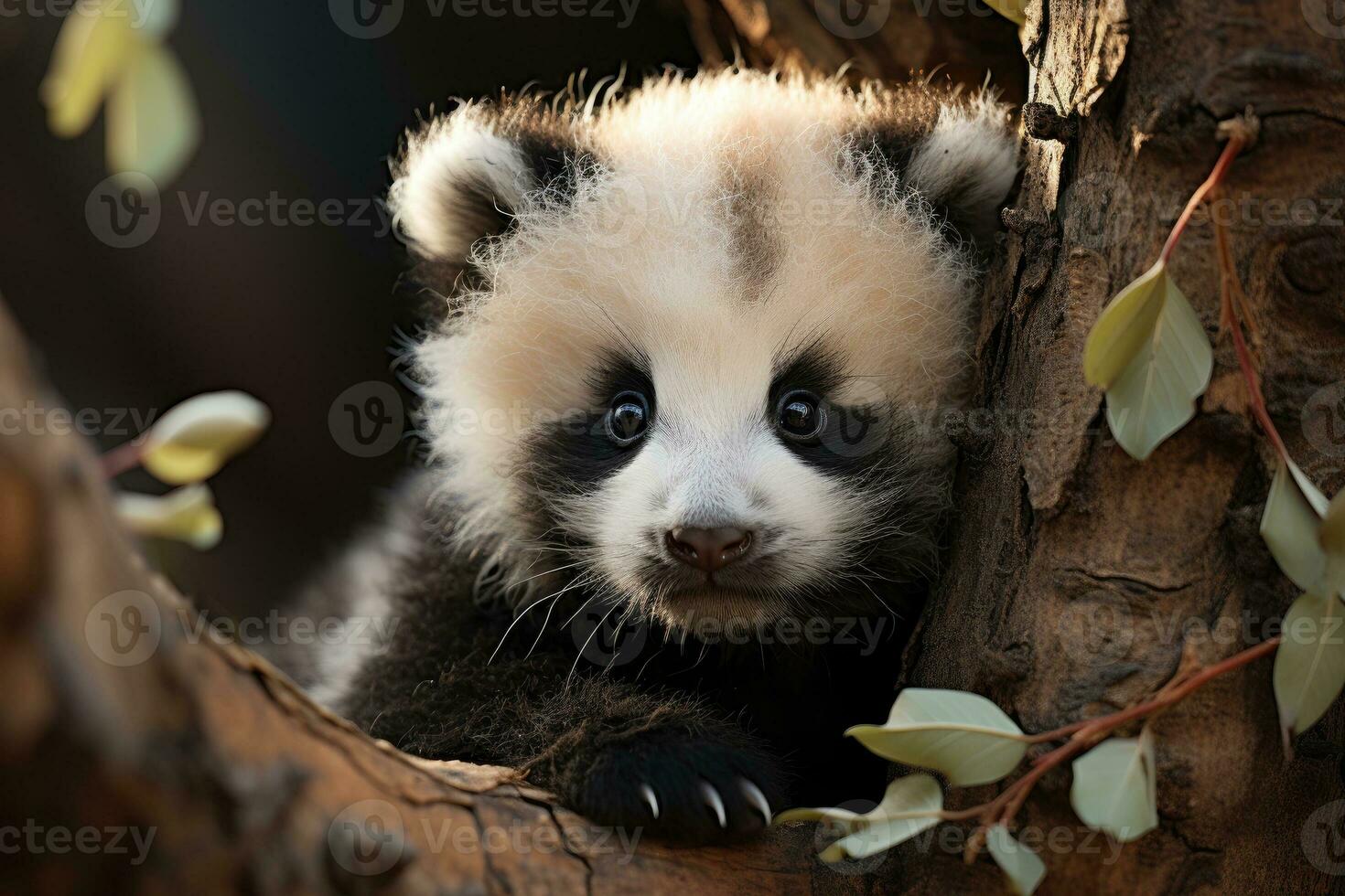 Giant panda cub next to a tree trunk photo