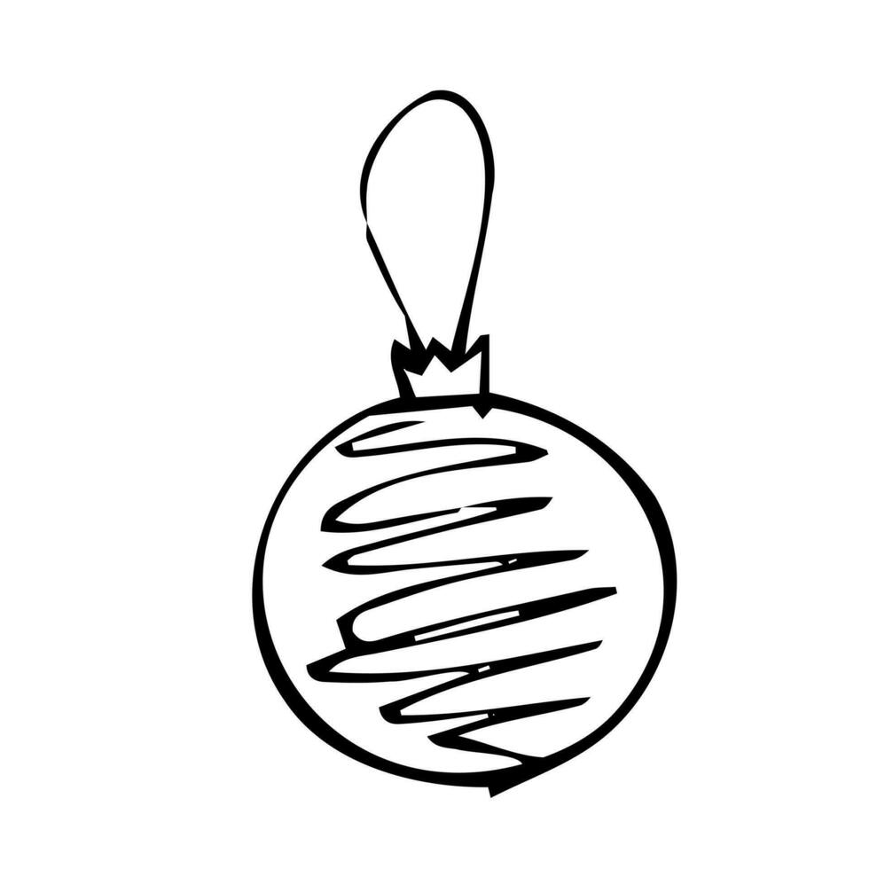 Hand drawn Christmas bauble. Tree toy, ball. New year or Christmas design element. Doodle style. Black and white vector illustration.