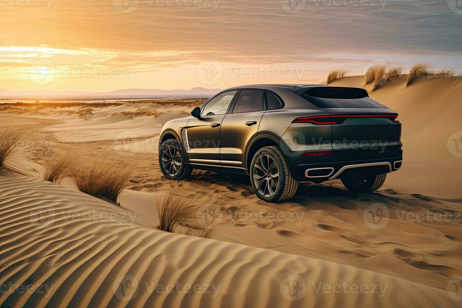 luxury car on sand dunes. Generative AI photo