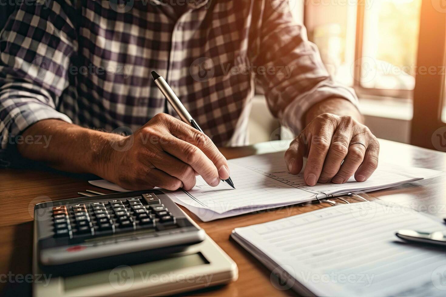 Accounting Calculating Mathematic Economic Finance Concept.Businessman using calculator and writing financial report in office. Generative AI photo