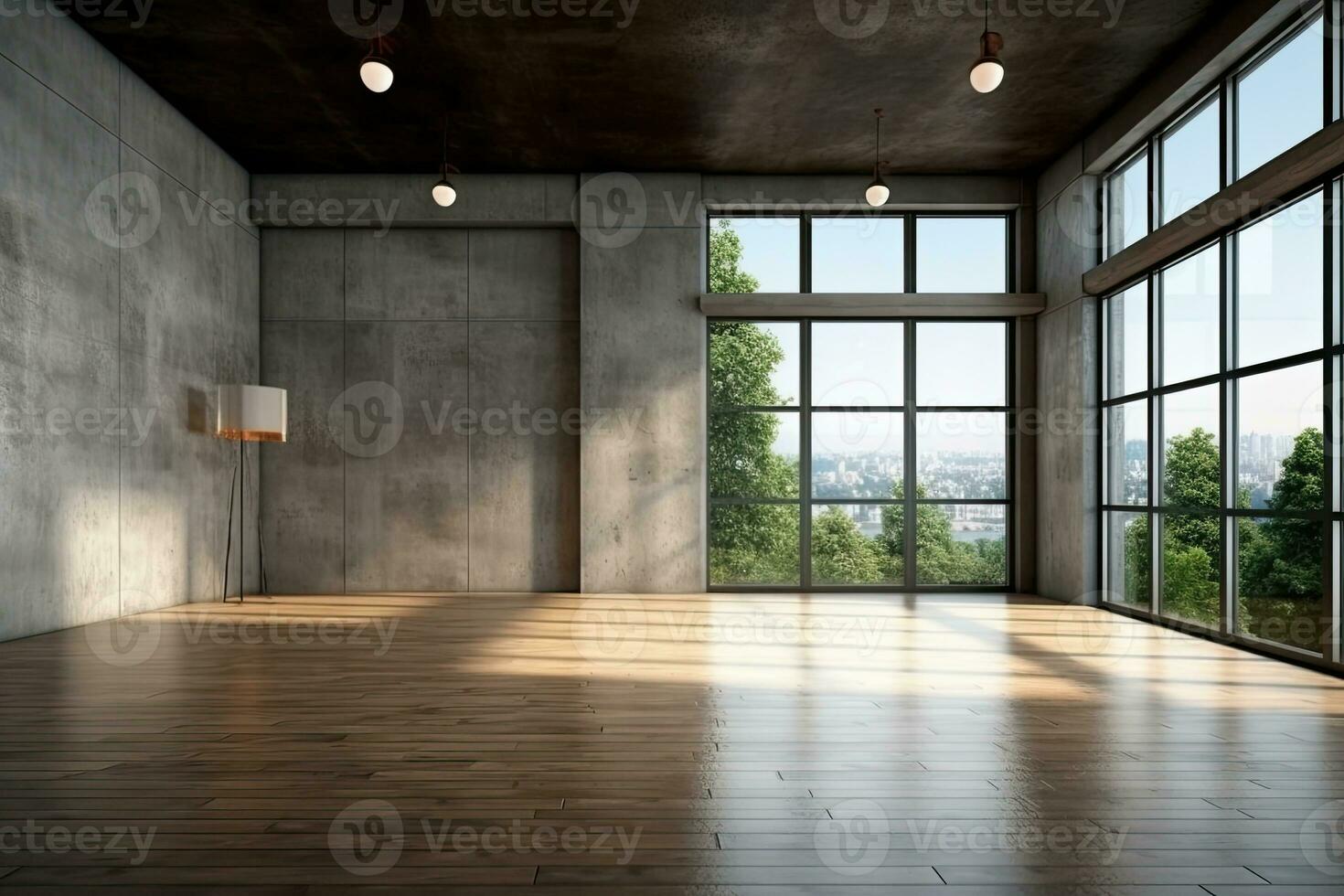Empty room with panoramic window and mountain view. Generative AI