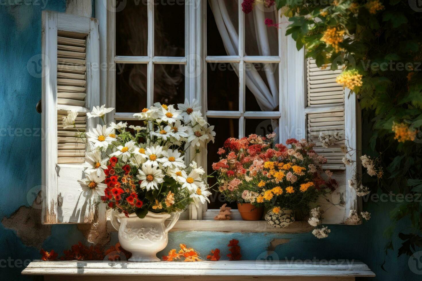 Window with beautiful blooming flowers photo