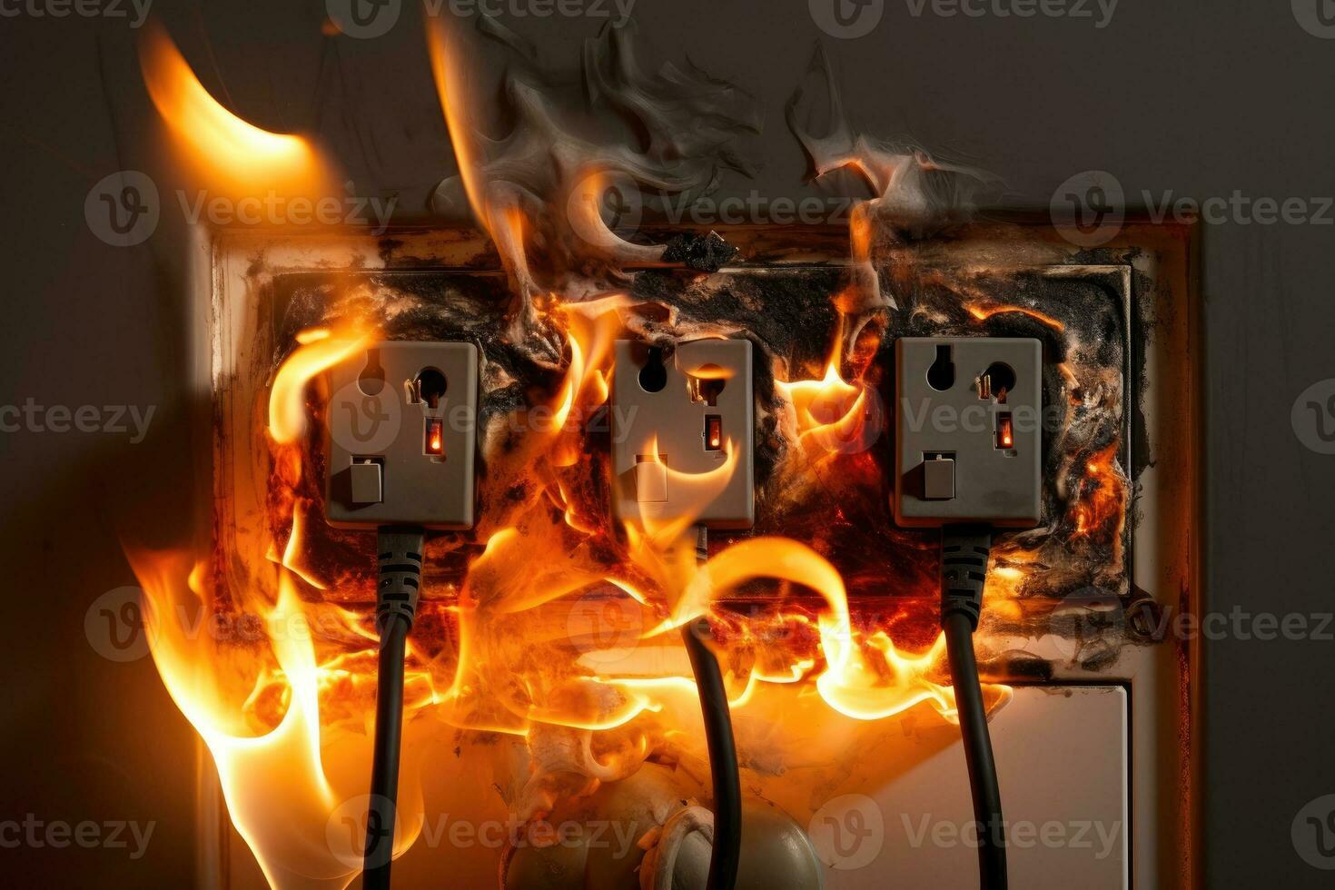 Electrical short circuit. Failure caused by burning wire and socket plug in house. photo