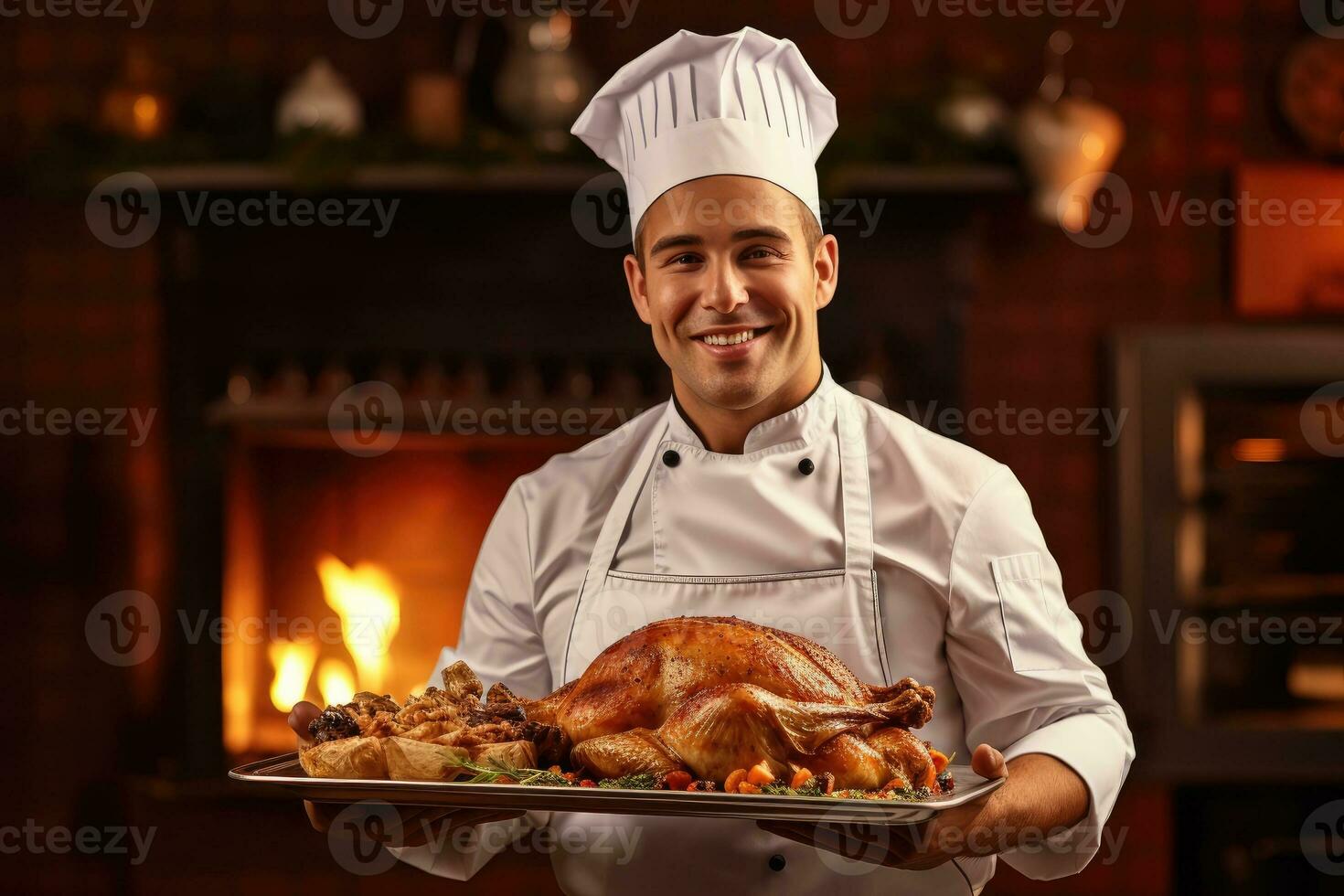 Chef holding a tray full of turkey inside a kitchen. photo