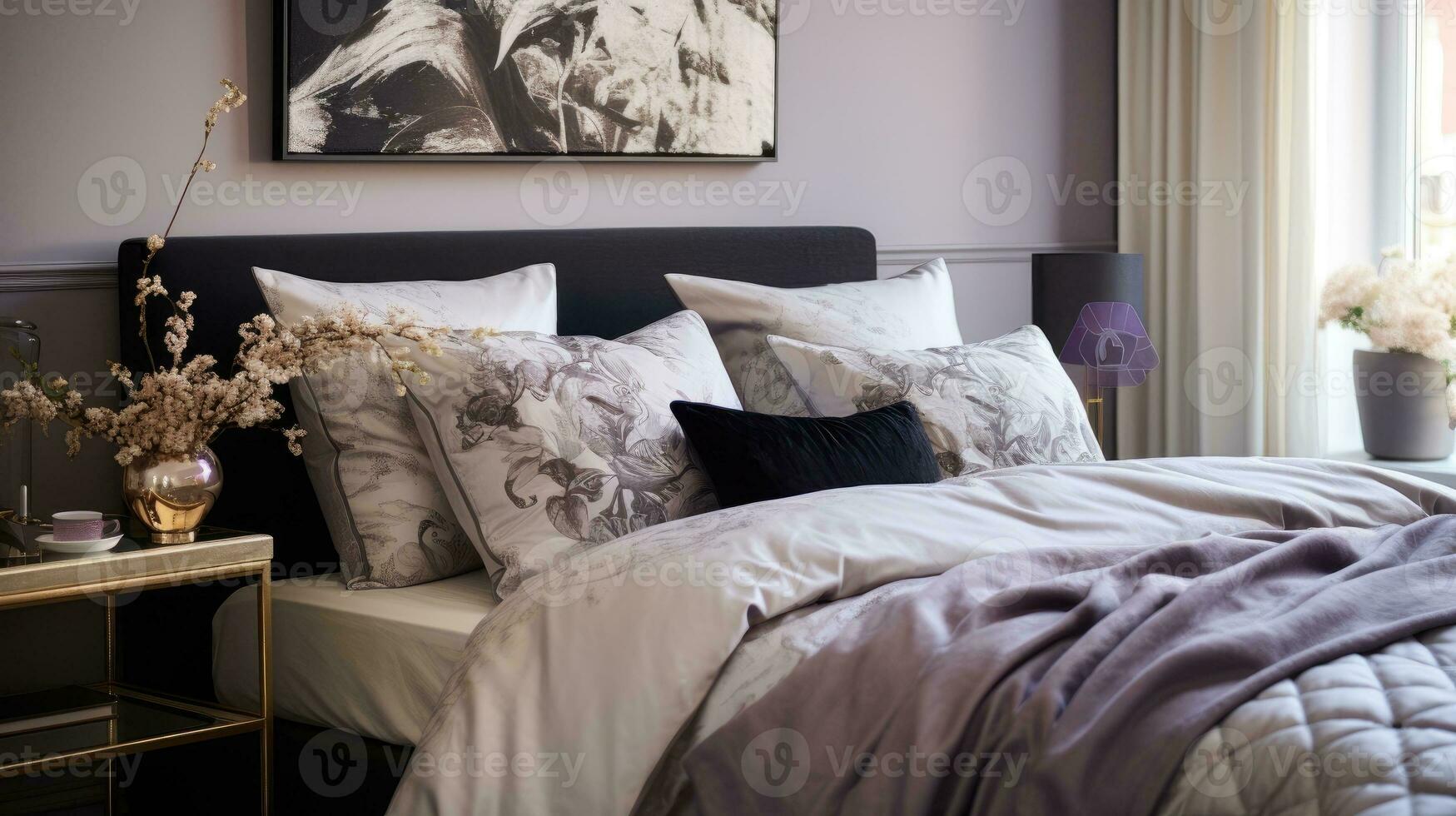 Double bed with duvet and cushions and decors. photo