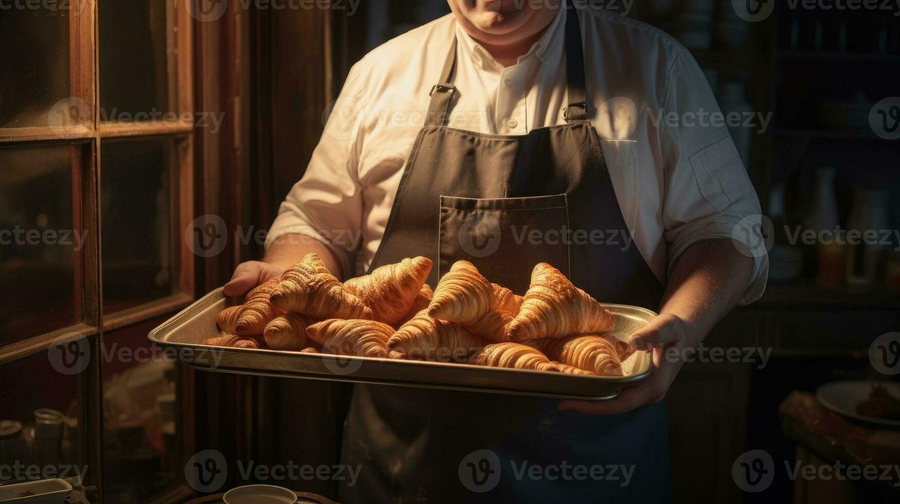Baker holding a tray full of fresh croissants. photo