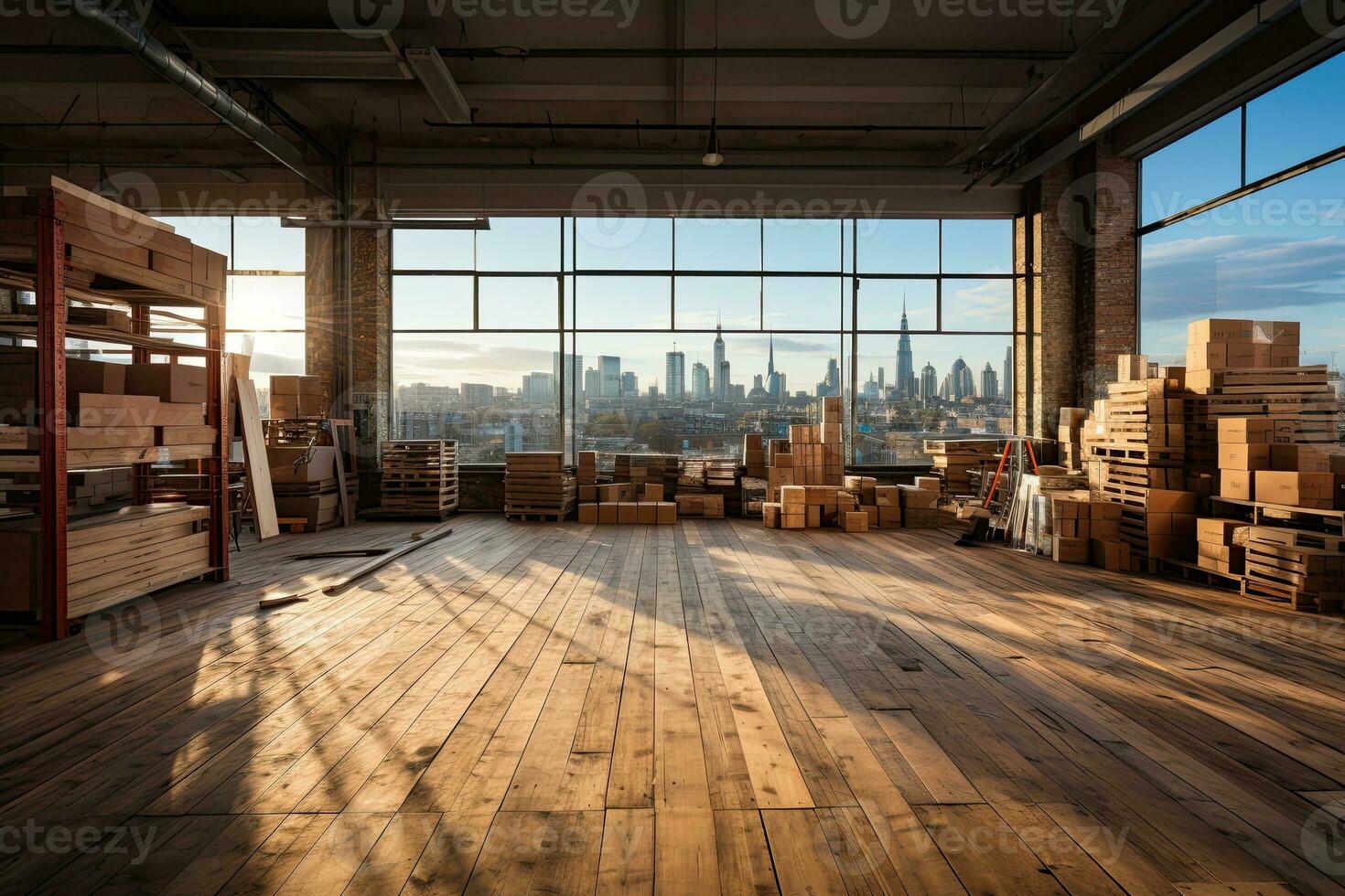 Interior of modern loft with wooden floor and panoramic city view. Generative AI photo