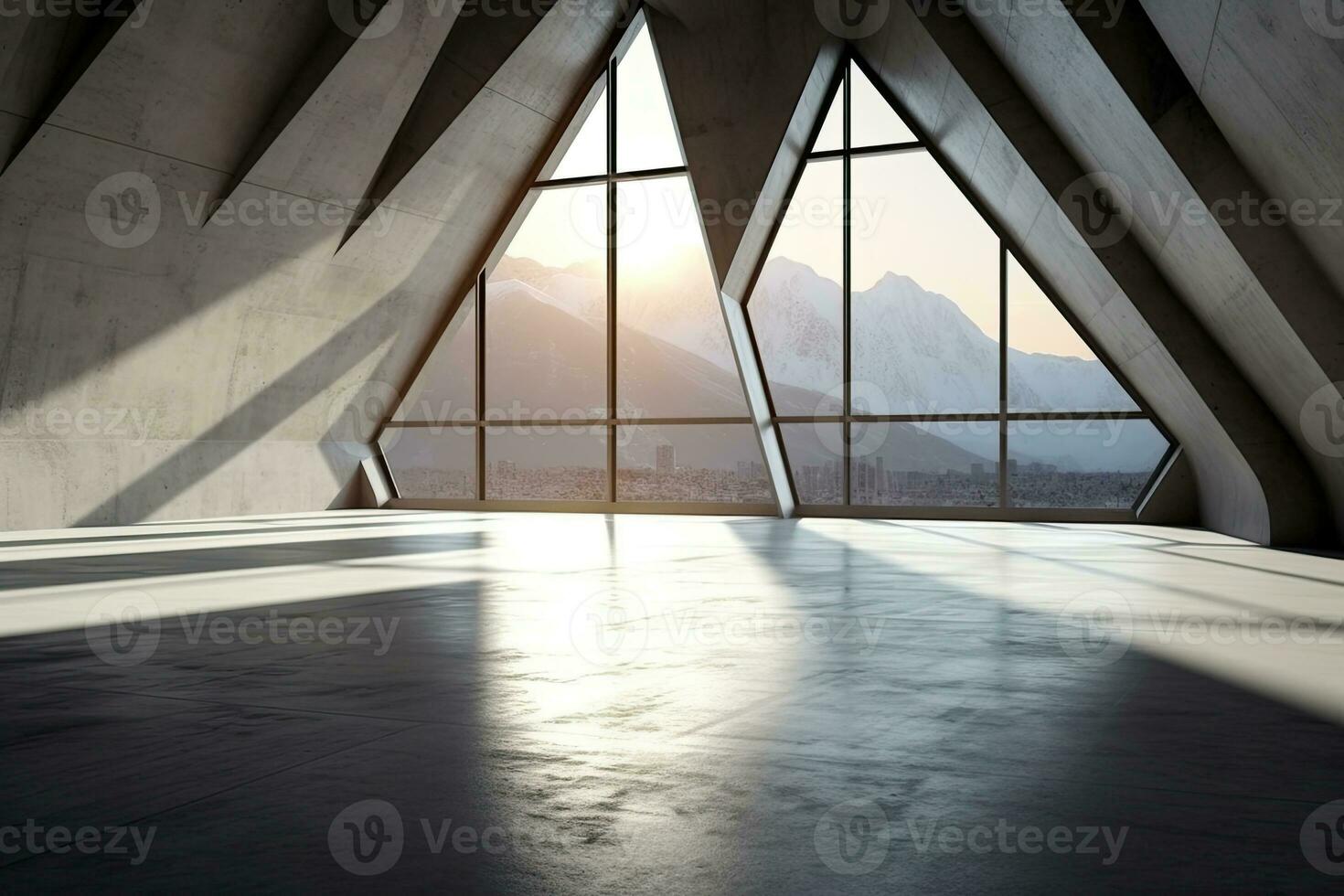 architecture empty room with window and mountain background with sunlight. Generative AI photo
